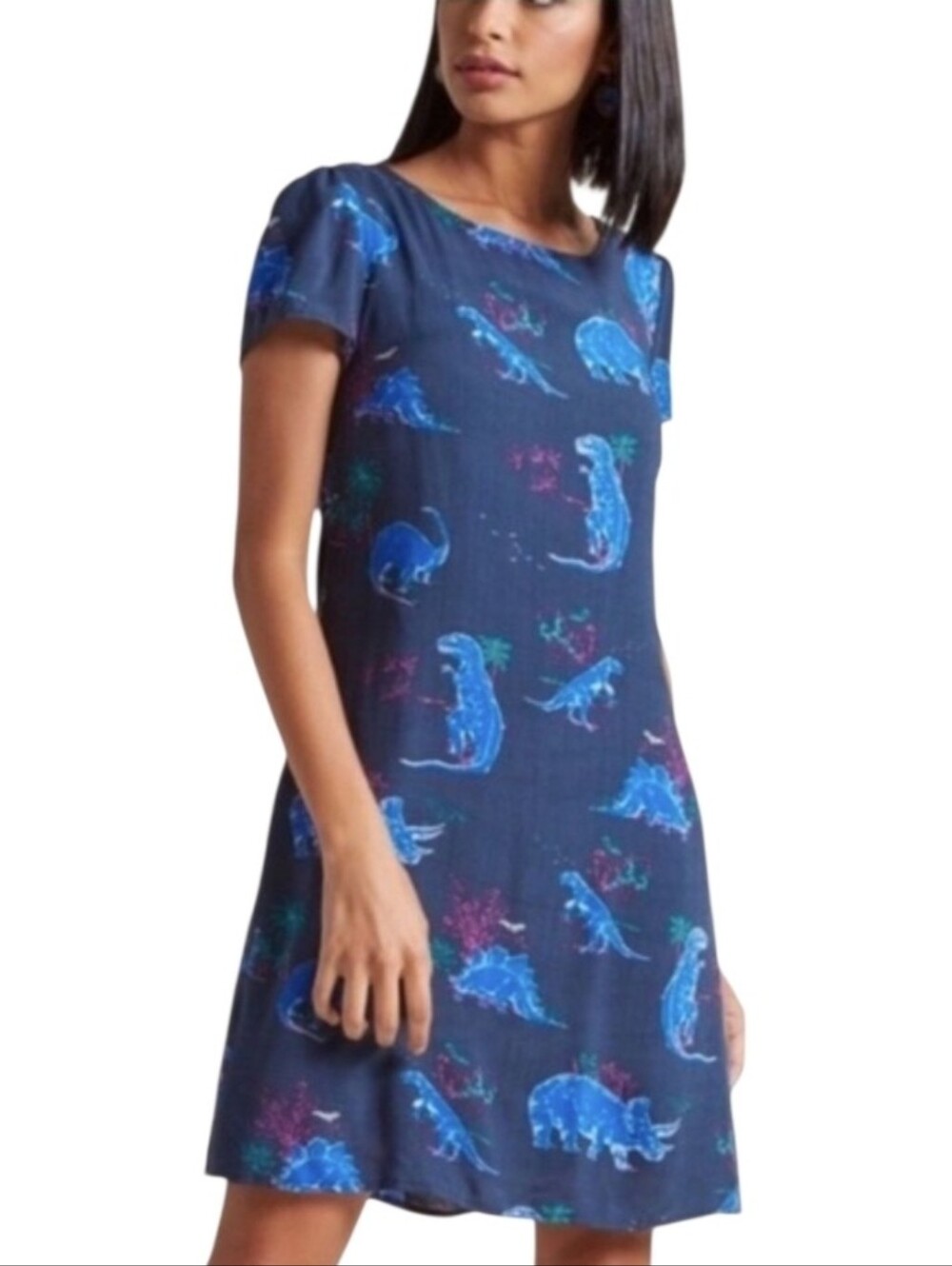 Modcloth Navy Blue Dinosaur Print Tie Back Mini Dress With Pockets. Size Large